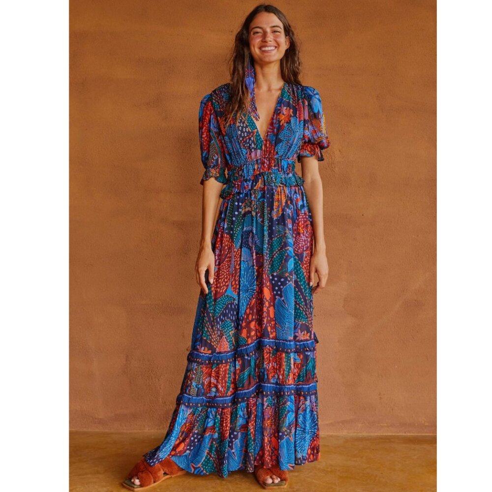 FARM Rio Blue Cool Leopard Ruffle Maxi Dress (Medium)